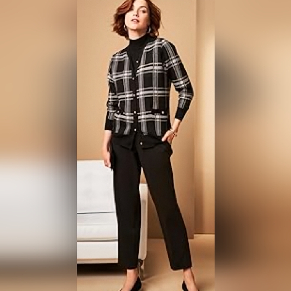 Jessica London Women's Plaid Black, Gold & Cream Plus Size Sweater Cardigan 2X‎